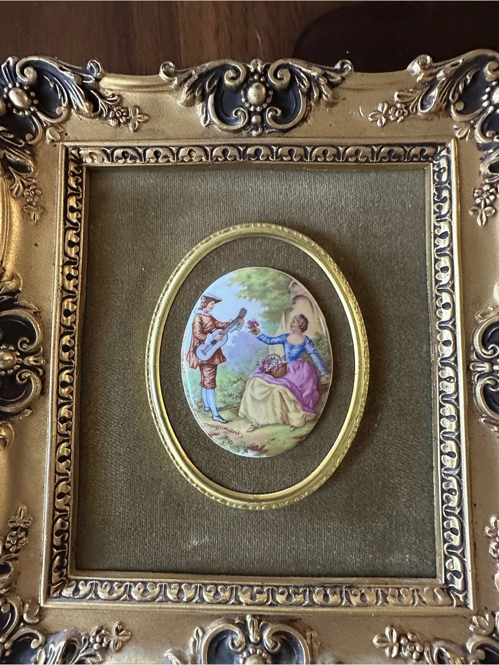 Decorative Gold Ornate Picture Frame Pair with Pastel Cameo Art